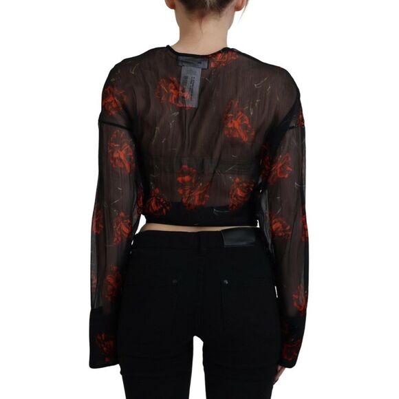 Dsquared² Black Floral Print Cropped Wrap Long Sleeves Women's Top (Pre-Owned) - Picture 3 of 5